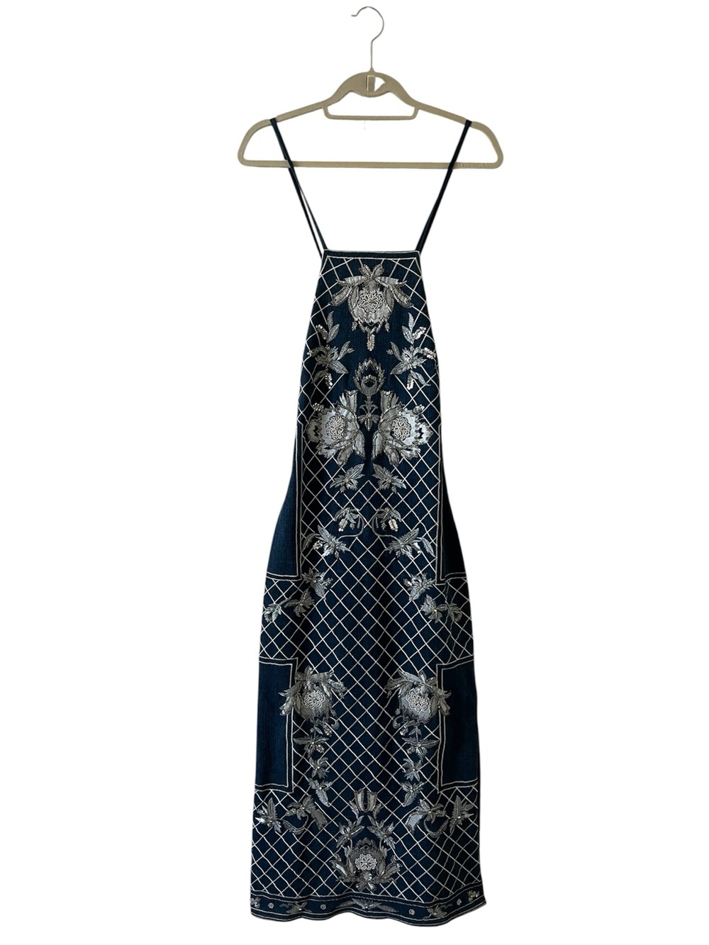 NWT Karen Millen Beaded Embellished Denim Woven Halter Midi Dress US 6 - Picture 9 of 16